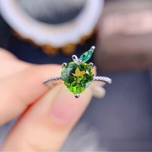 Ring with Bright Green Heart Gemstone and Leaf Accent